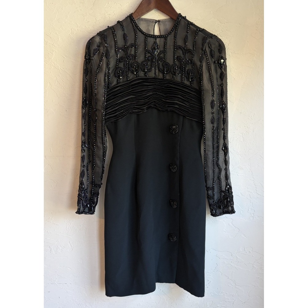 Vintage 80s Victoria Royal Black Beaded Dress 4 Dark Romantic Hong Kong Couture - Picture 9 of 15